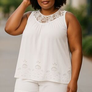 Torrid Eyelet Challis Babydoll Top Flowy Hemline High Neck White 2X